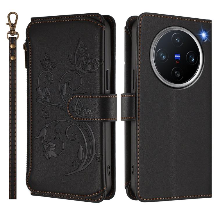For vivo X200 Pro mini Butterfly Love Flower Multi-card Zipper Wallet Leather Phone Case