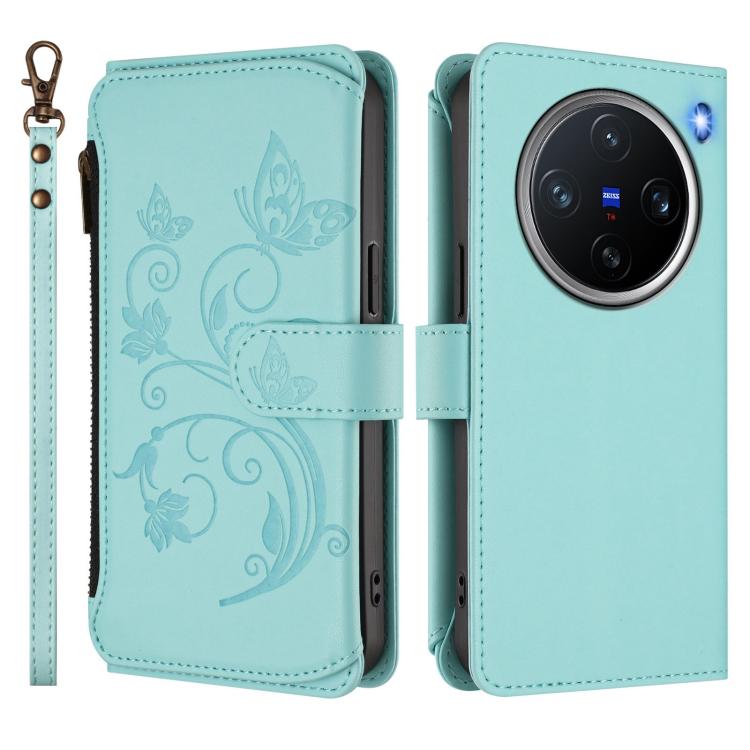 For vivo X200 Pro mini Butterfly Love Flower Multi-card Zipper Wallet Leather Phone Case