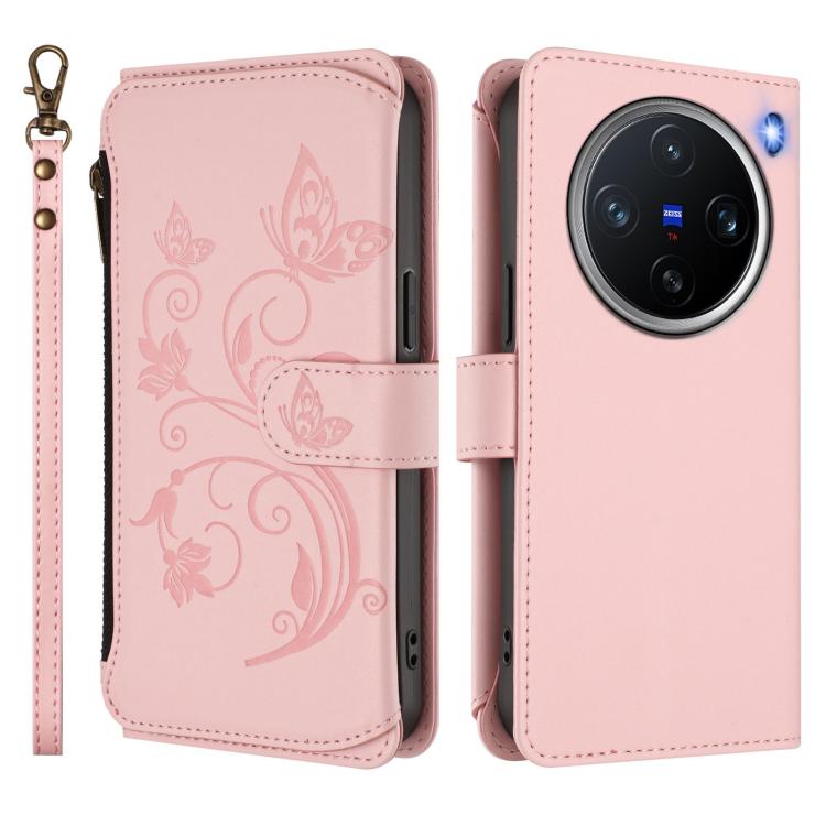 For vivo X200 Pro mini Butterfly Love Flower Multi-card Zipper Wallet Leather Phone Case