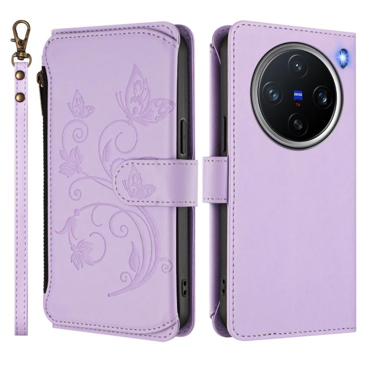 For vivo X200 Pro mini Butterfly Love Flower Multi-card Zipper Wallet Leather Phone Case