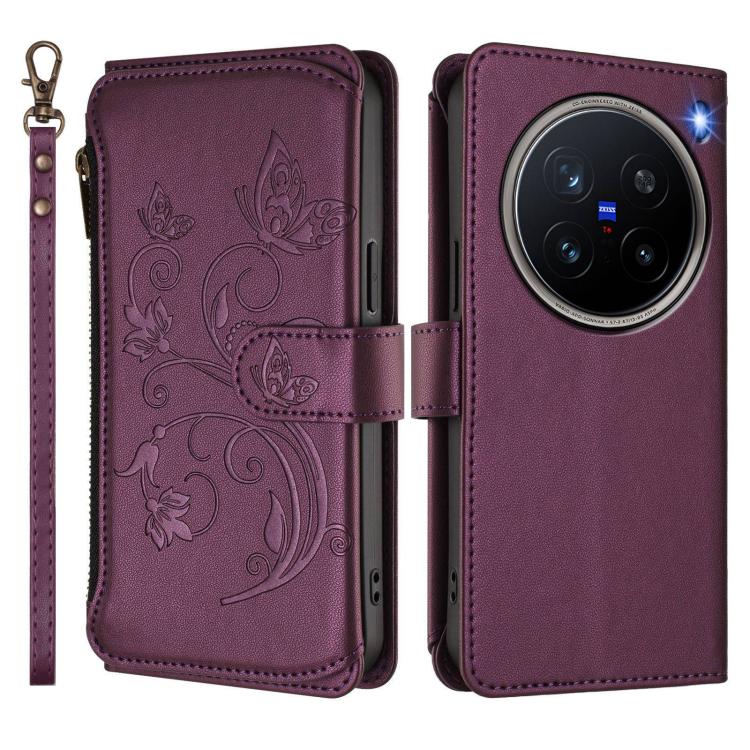 For vivo X200 Pro 5G Butterfly Love Flower Multi-card Zipper Wallet Leather Phone Case
