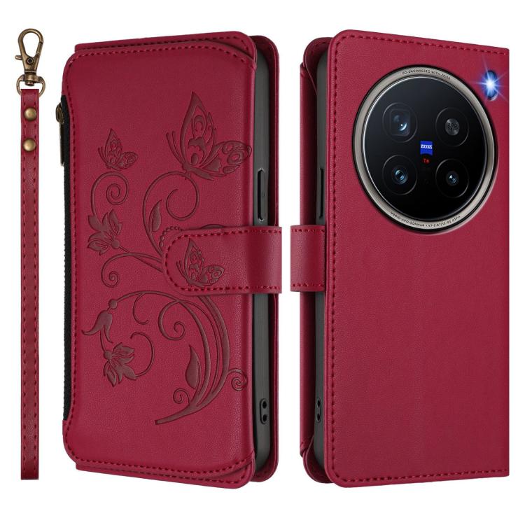 For vivo X200 Pro 5G Butterfly Love Flower Multi-card Zipper Wallet Leather Phone Case