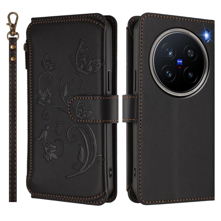 For vivo X200 Pro 5G Butterfly Love Flower Multi-card Zipper Wallet Leather Phone Case