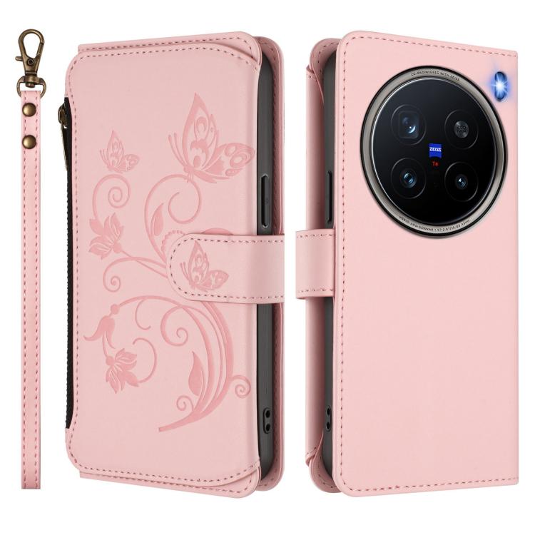 For vivo X200 Pro 5G Butterfly Love Flower Multi-card Zipper Wallet Leather Phone Case