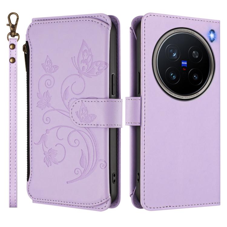 For vivo X200 Pro 5G Butterfly Love Flower Multi-card Zipper Wallet Leather Phone Case