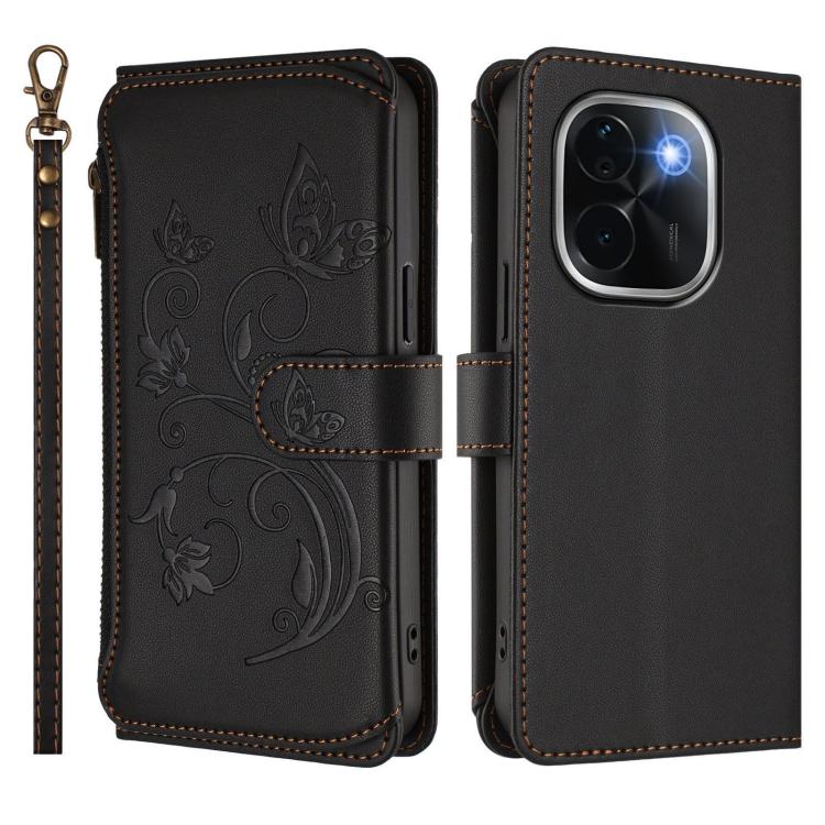 For vivo iQOO Z9s Pro 5G India / T3 Pro Butterfly Love Flower Multi-card Zipper Wallet Leather Phone Case