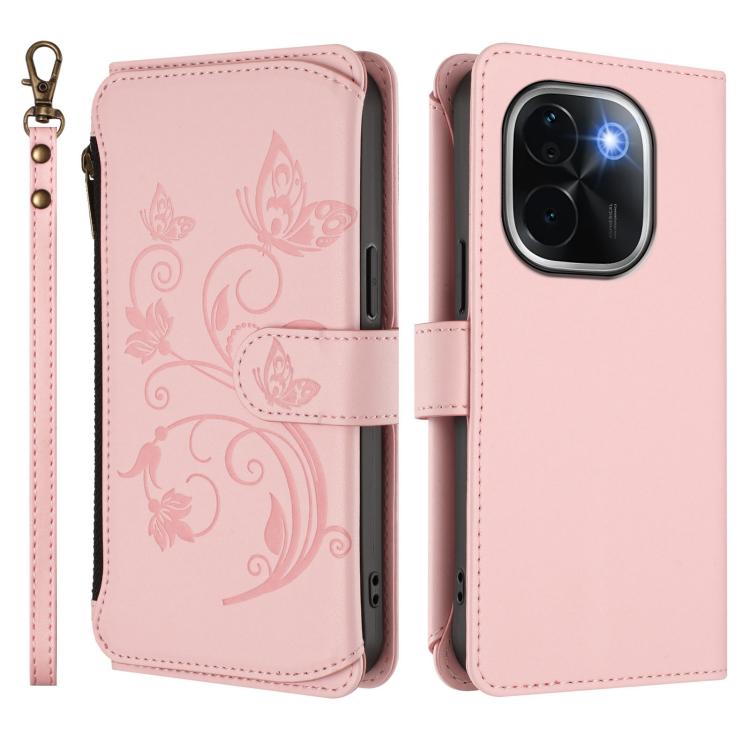 For vivo iQOO Z9s Pro 5G India / T3 Pro Butterfly Love Flower Multi-card Zipper Wallet Leather Phone Case