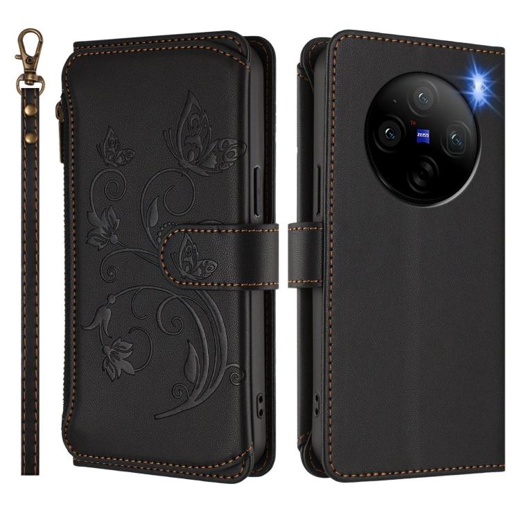 For vivo X100 Pro / X100s Pro Butterfly Love Flower Multi-card Zipper Wallet Leather Phone Case
