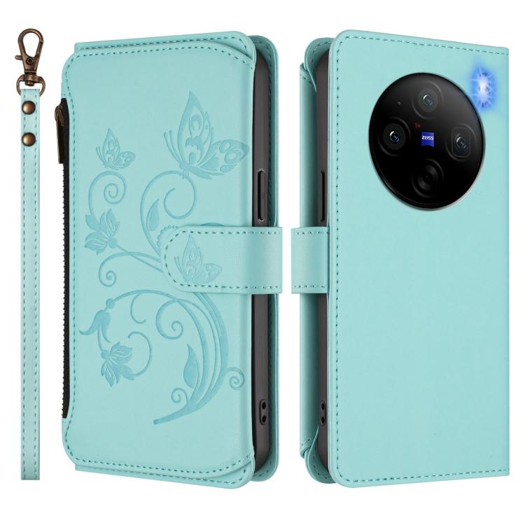 For vivo X100 Pro / X100s Pro Butterfly Love Flower Multi-card Zipper Wallet Leather Phone Case