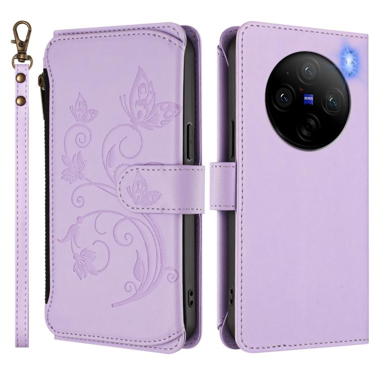 For vivo X100 Pro / X100s Pro Butterfly Love Flower Multi-card Zipper Wallet Leather Phone Case