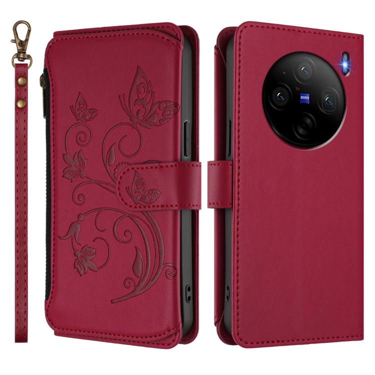 For vivo X100s 5G Butterfly Love Flower Multi-card Zipper Wallet Leather Phone Case