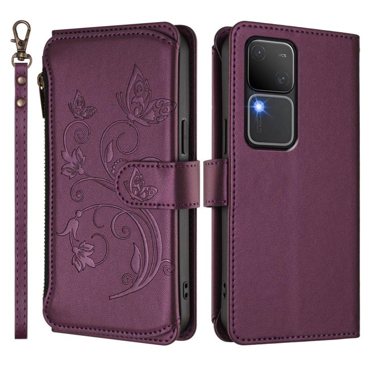 For vivo S18 / S18 Pro 5G / V30 Pro Butterfly Love Flower Multi-card Zipper Wallet Leather Phone Case