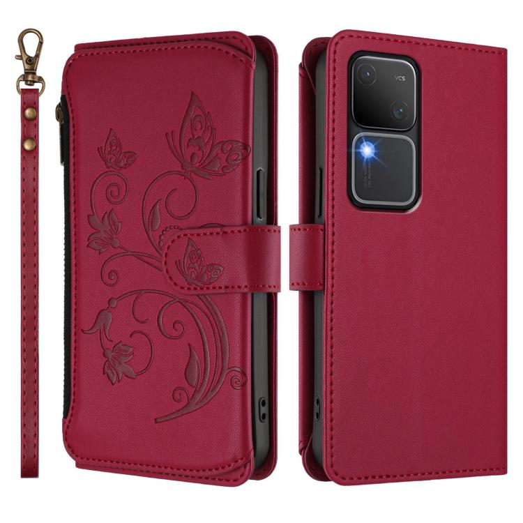 For vivo S18 / S18 Pro 5G / V30 Pro Butterfly Love Flower Multi-card Zipper Wallet Leather Phone Case