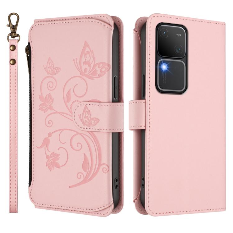 For vivo S18 / S18 Pro 5G / V30 Pro Butterfly Love Flower Multi-card Zipper Wallet Leather Phone Case