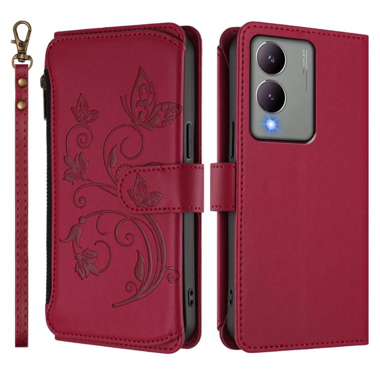 For vivo Y17s 4G / Y36 5G / Y33t 2023 Butterfly Love Flower Multi-card Zipper Wallet Leather Phone Case