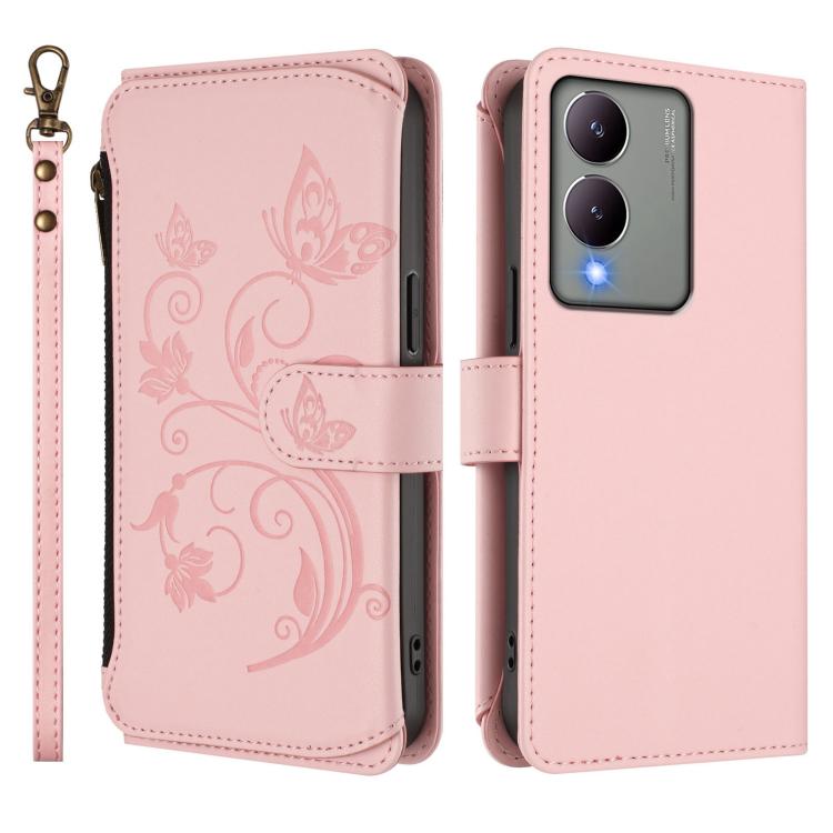 For vivo Y17s 4G / Y36 5G / Y33t 2023 Butterfly Love Flower Multi-card Zipper Wallet Leather Phone Case