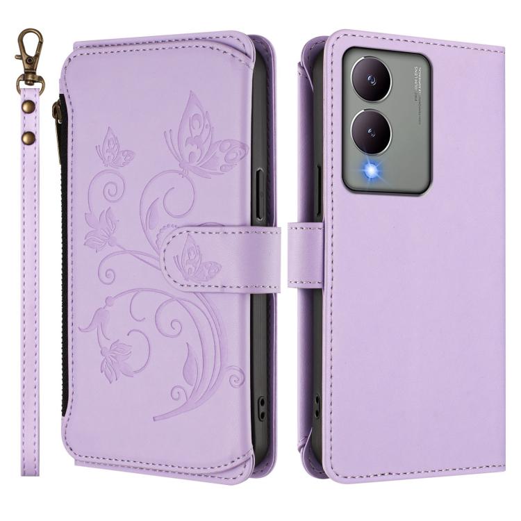 For vivo Y17s 4G / Y36 5G / Y33t 2023 Butterfly Love Flower Multi-card Zipper Wallet Leather Phone Case