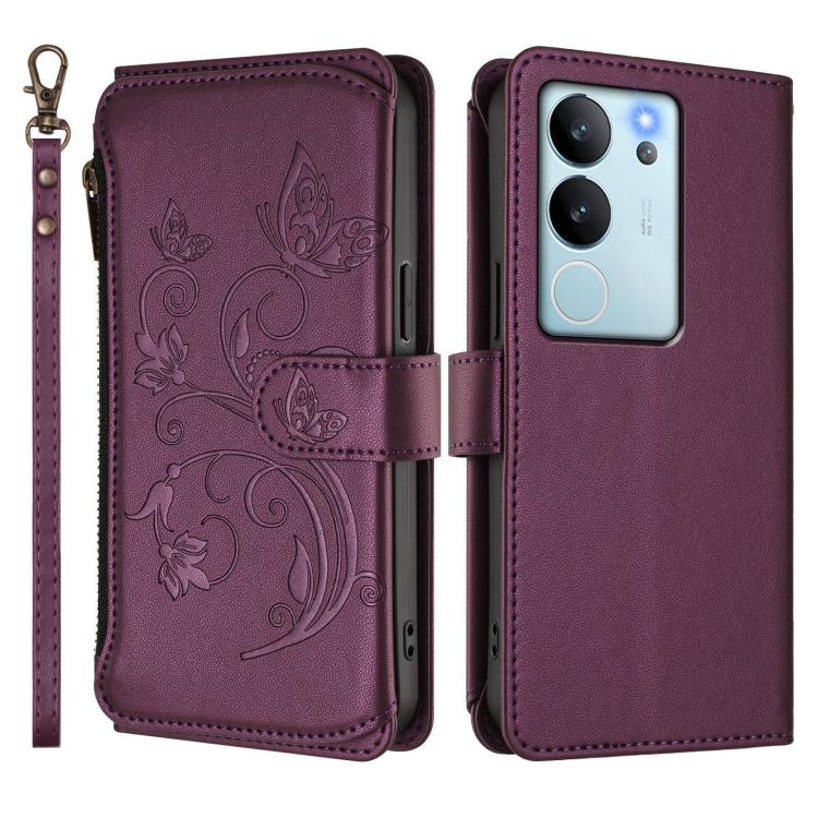 For vivo V29e / Y200 / V30 Lite 5G Butterfly Love Flower Multi-card Zipper Wallet Leather Phone Case