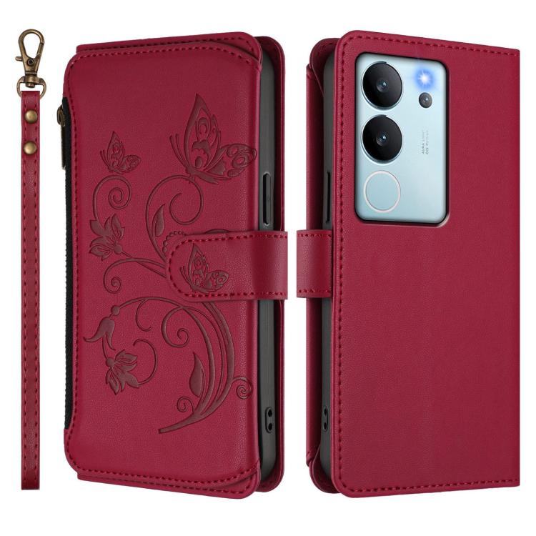 For vivo V29e / Y200 / V30 Lite 5G Butterfly Love Flower Multi-card Zipper Wallet Leather Phone Case