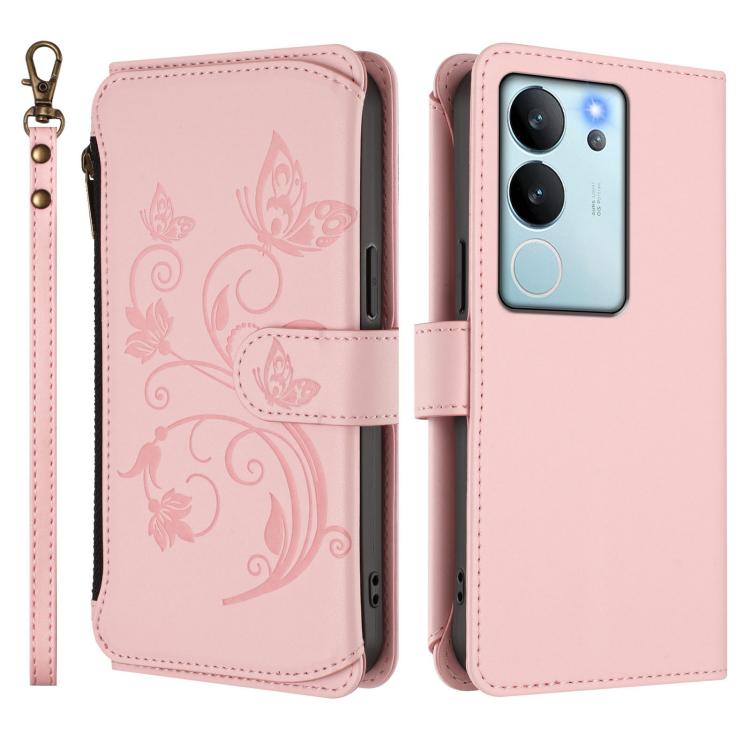 For vivo V29e / Y200 / V30 Lite 5G Butterfly Love Flower Multi-card Zipper Wallet Leather Phone Case
