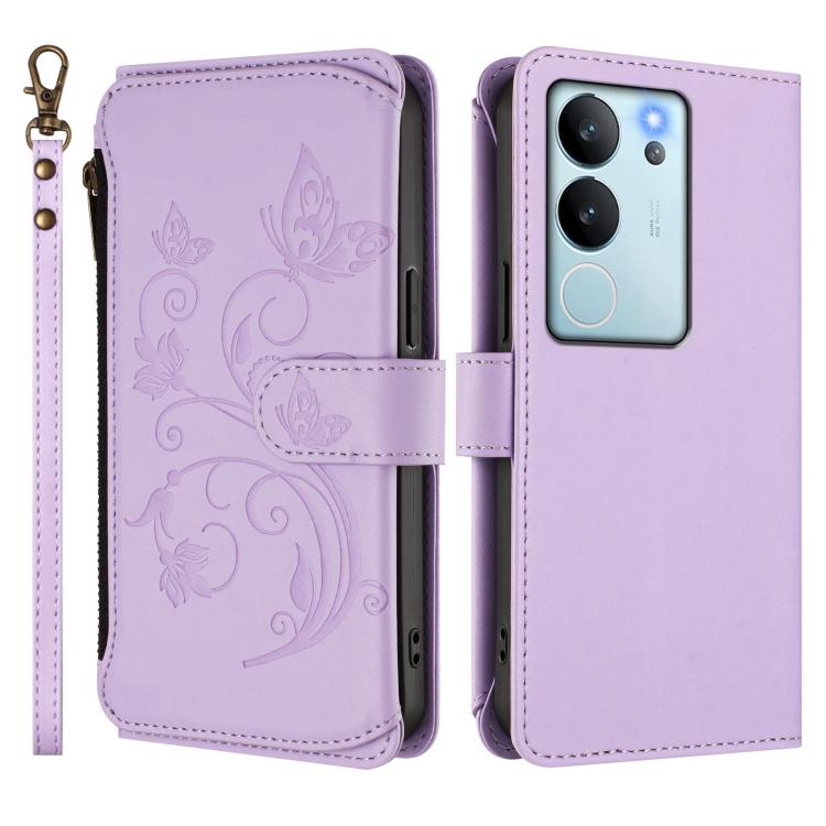 For vivo V29e / Y200 / V30 Lite 5G Butterfly Love Flower Multi-card Zipper Wallet Leather Phone Case