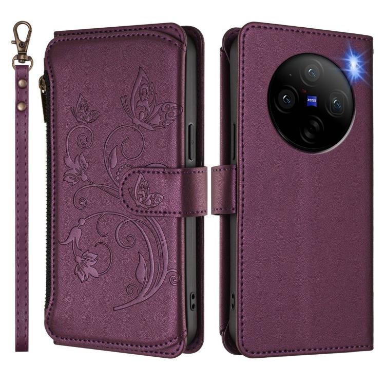 For vivo X100 5G Butterfly Love Flower Multi-card Zipper Wallet Leather Phone Case