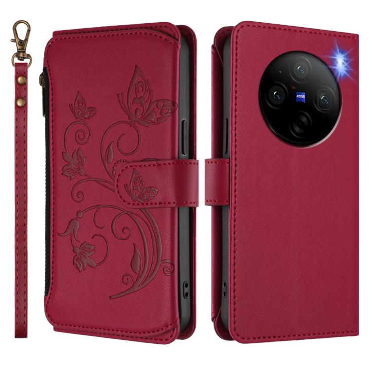For vivo X100 5G Butterfly Love Flower Multi-card Zipper Wallet Leather Phone Case