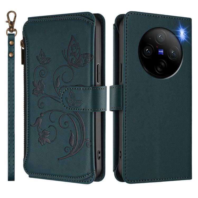 For vivo X100 5G Butterfly Love Flower Multi-card Zipper Wallet Leather Phone Case