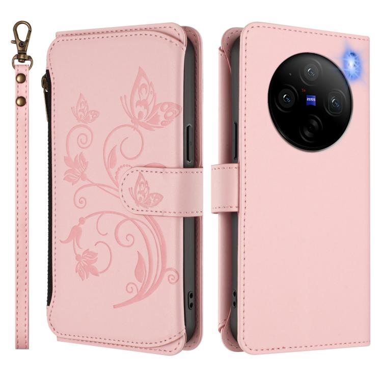 For vivo X100 5G Butterfly Love Flower Multi-card Zipper Wallet Leather Phone Case