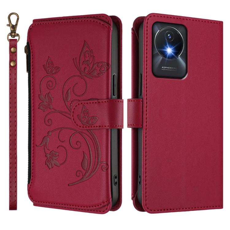 For vivo Y02A 4G / Y11 2023 / Y02t Butterfly Love Flower Multi-card Zipper Wallet Leather Phone Case
