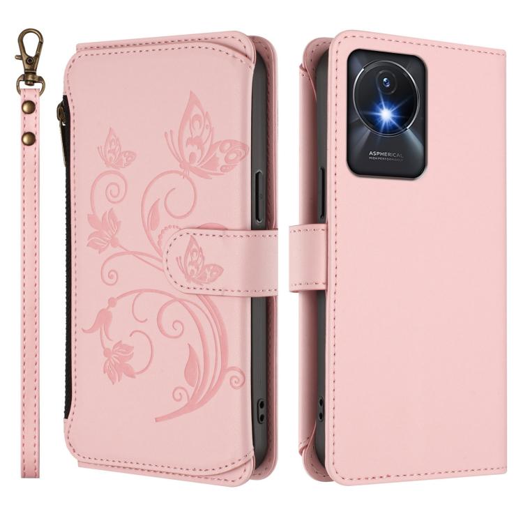 For vivo Y02A 4G / Y11 2023 / Y02t Butterfly Love Flower Multi-card Zipper Wallet Leather Phone Case