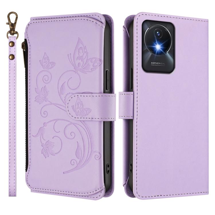 For vivo Y02A 4G / Y11 2023 / Y02t Butterfly Love Flower Multi-card Zipper Wallet Leather Phone Case