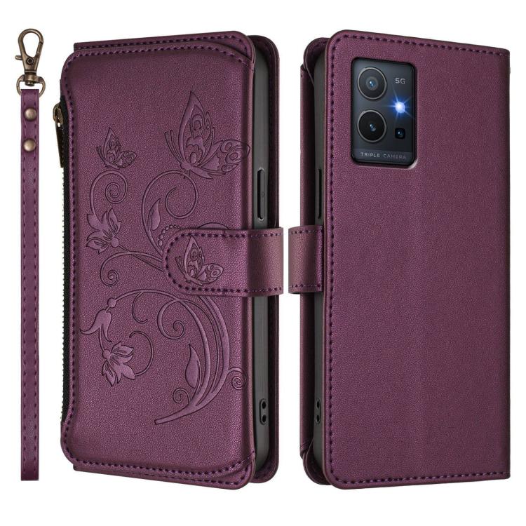 For vivo Y55s 5G 2023 / Y55 5G Global Butterfly Love Flower Multi-card Zipper Wallet Leather Phone Case