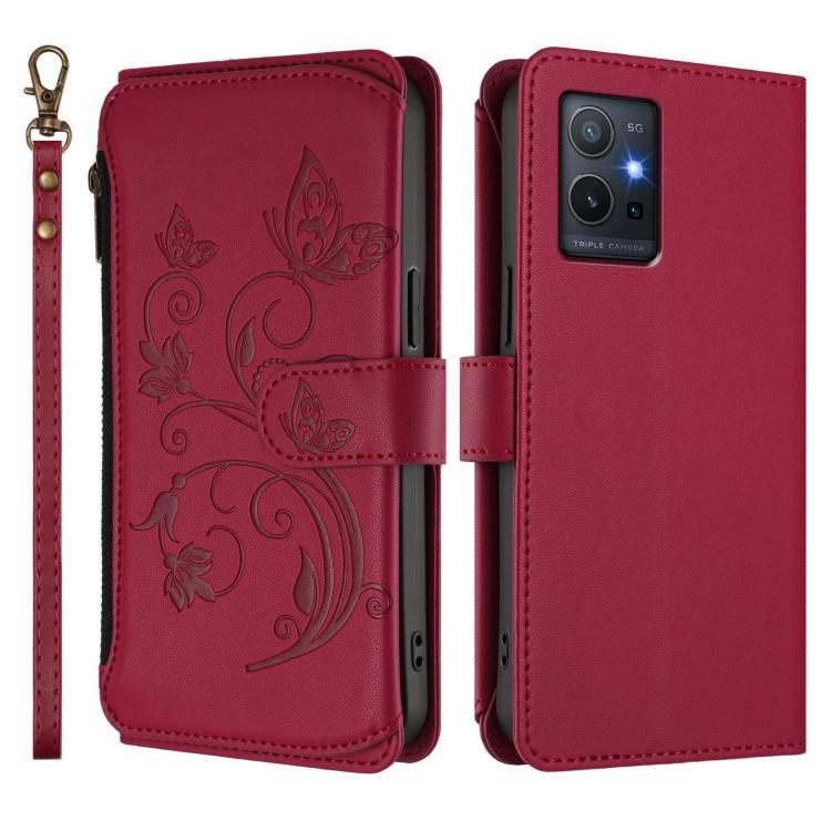 For vivo Y55s 5G 2023 / Y55 5G Global Butterfly Love Flower Multi-card Zipper Wallet Leather Phone Case
