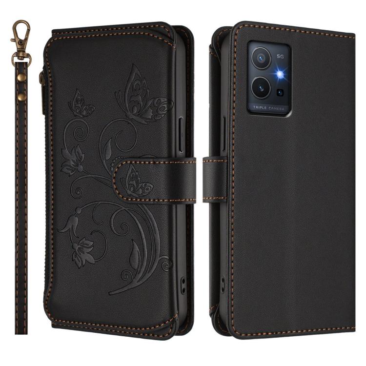 For vivo Y55s 5G 2023 / Y55 5G Global Butterfly Love Flower Multi-card Zipper Wallet Leather Phone Case