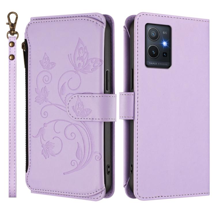 For vivo Y55s 5G 2023 / Y55 5G Global Butterfly Love Flower Multi-card Zipper Wallet Leather Phone Case