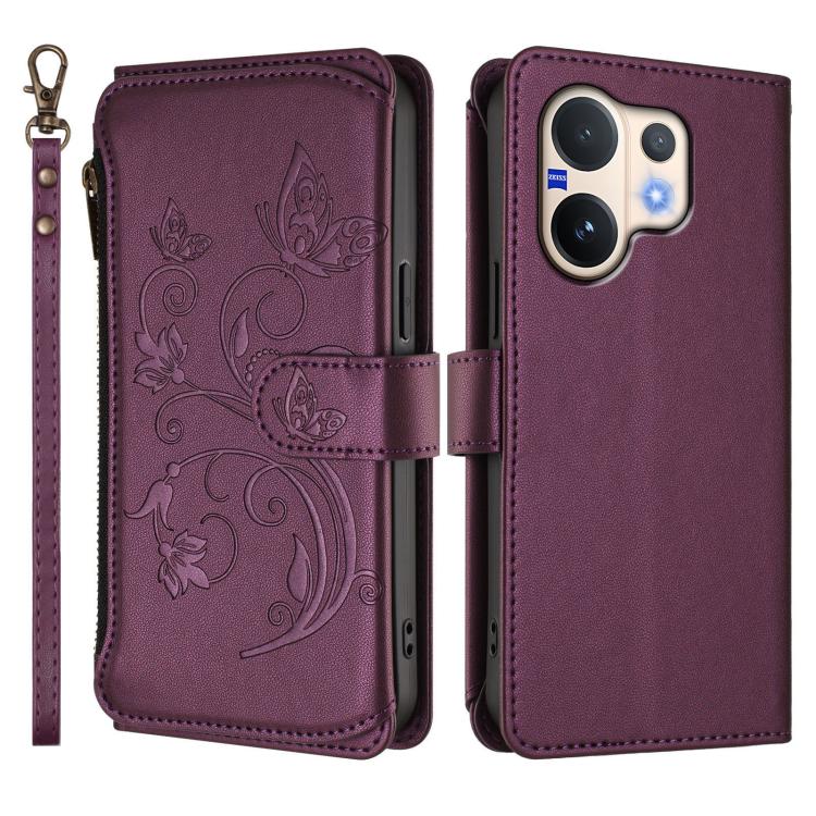 For vivo V60 5G Curved Global Butterfly Love Flower Multi-card Zipper Wallet Leather Phone Case