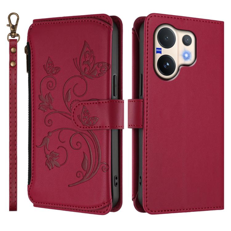 For vivo V60 5G Curved Global Butterfly Love Flower Multi-card Zipper Wallet Leather Phone Case