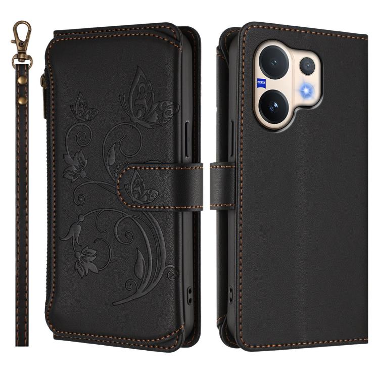 For vivo V60 5G Curved Global Butterfly Love Flower Multi-card Zipper Wallet Leather Phone Case