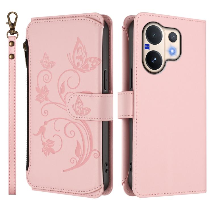 For vivo V60 5G Curved Global Butterfly Love Flower Multi-card Zipper Wallet Leather Phone Case