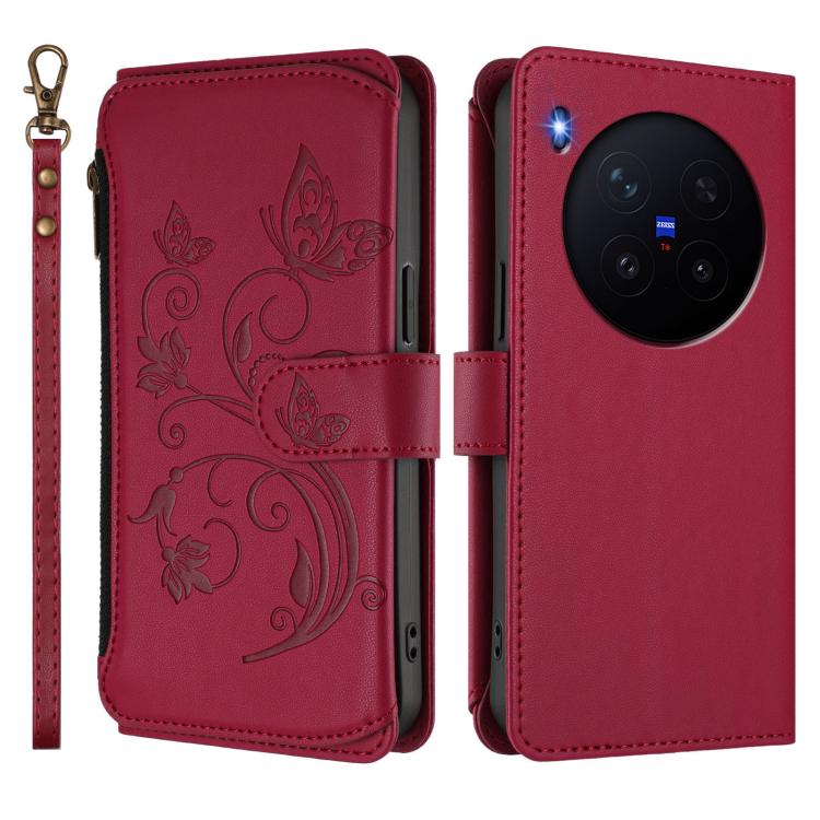 For vivo X300 Pro Butterfly Love Flower Multi-card Zipper Wallet Leather Phone Case