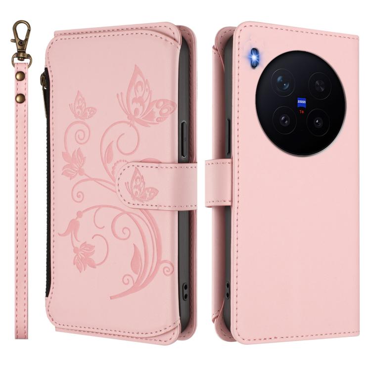 For vivo X300 Pro Butterfly Love Flower Multi-card Zipper Wallet Leather Phone Case