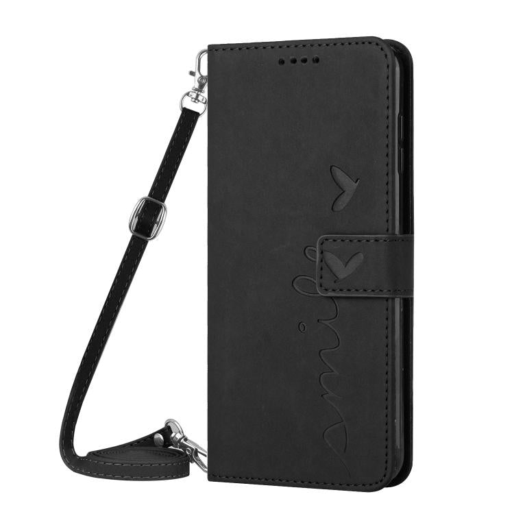 For iPhone 17 Pro Skin Feel Heart Embossed Leather Phone Case with Long Lanyard