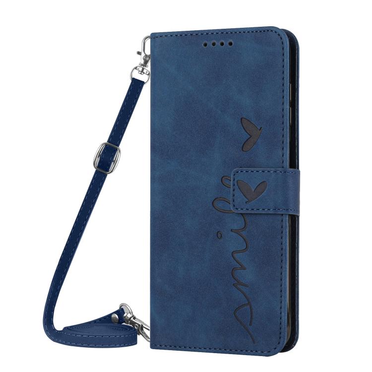 For iPhone 17 Pro Skin Feel Heart Embossed Leather Phone Case with Long Lanyard