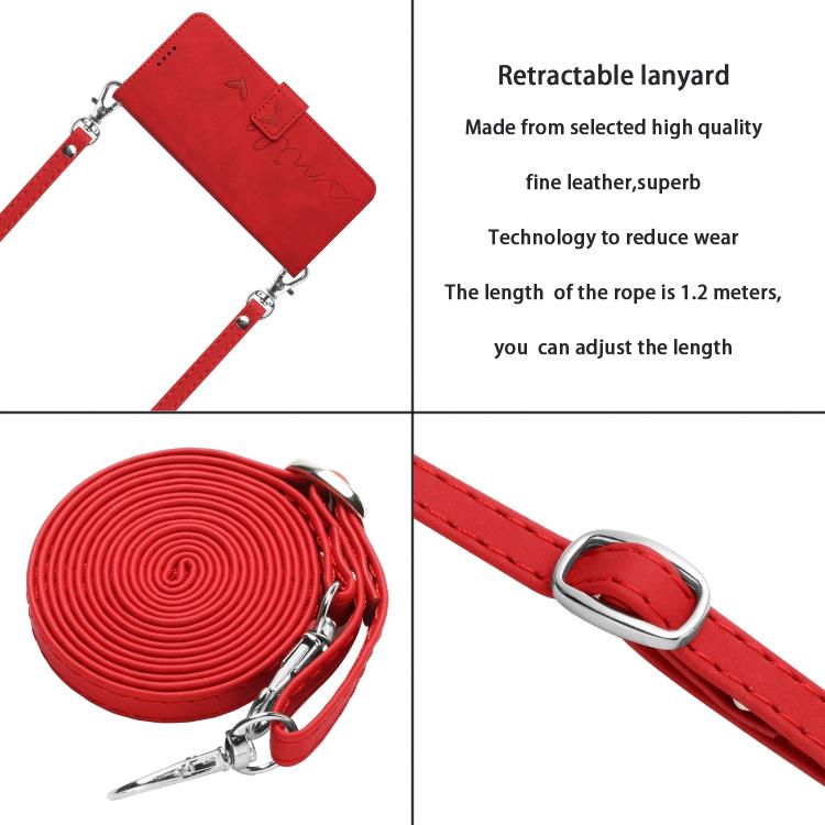 For iPhone 17 Pro Skin Feel Heart Embossed Leather Phone Case with Long Lanyard