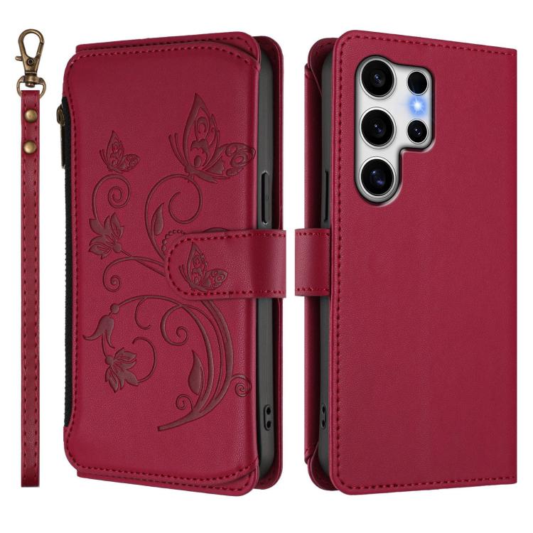 For Galaxy S25 Ultra 5G Butterfly Love Flower Multi-card Zipper Wallet Leather Phone Case
