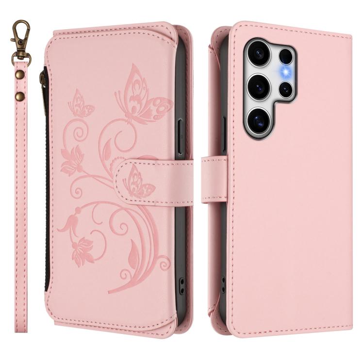 For Galaxy S25 Ultra 5G Butterfly Love Flower Multi-card Zipper Wallet Leather Phone Case