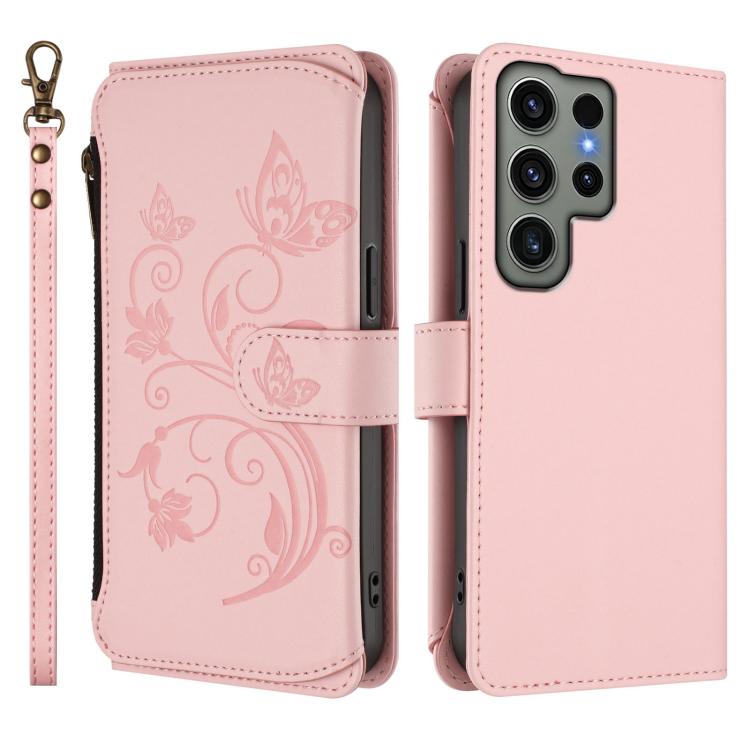 For Galaxy S23 Ultra 5G Butterfly Love Flower Multi-card Zipper Wallet Leather Phone Case