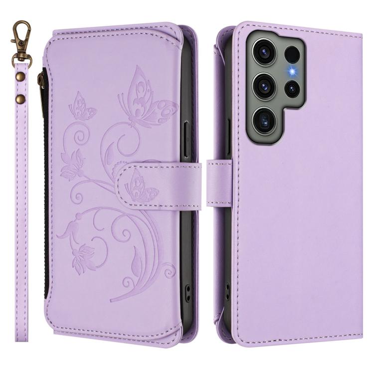 For Galaxy S23 Ultra 5G Butterfly Love Flower Multi-card Zipper Wallet Leather Phone Case