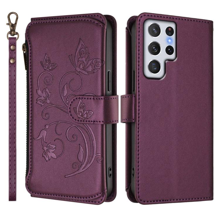 For Galaxy S22 Ultra 5G Butterfly Love Flower Multi-card Zipper Wallet Leather Phone Case